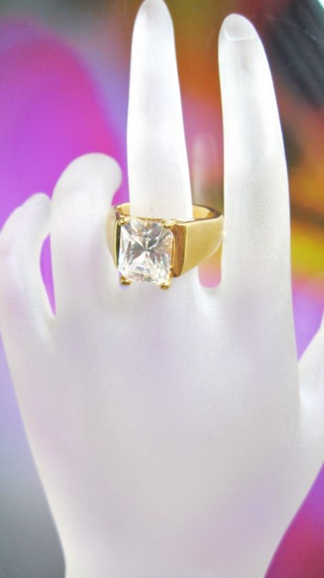 Vintage 1980s Emerald Cut Cubic Zarconia Wide 18K HGE Cocktail Ring 6 