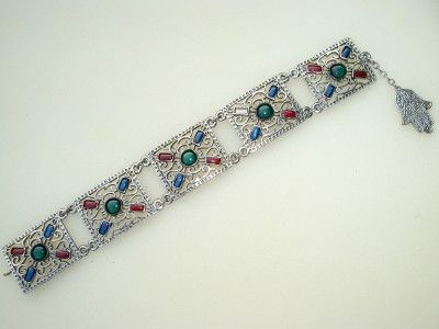 Vintage Silver Tone Maroc Morocco Souvenir Enamel Wide Link Bracelet 