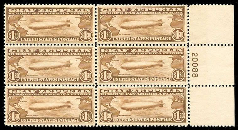 momen US Stamps #C14 Mint OG NH Plate Block of 6 XF  