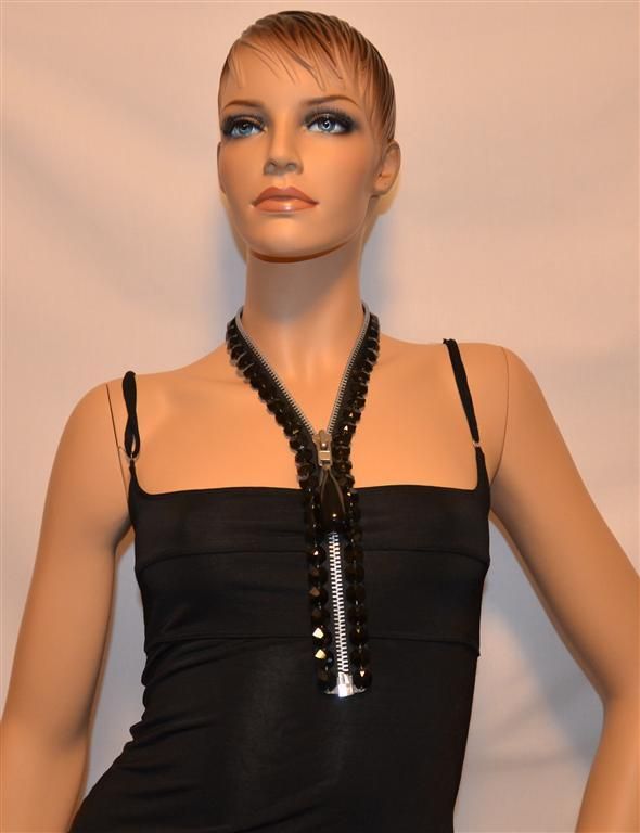 Rodrigo Otazu Black Crystal Zipper Necklace SIlver Plat  