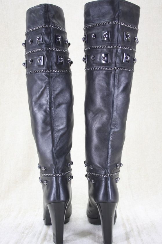 Stuart Weitzman Stadium Black Leather boots 10 $675 Studs chains nappa 