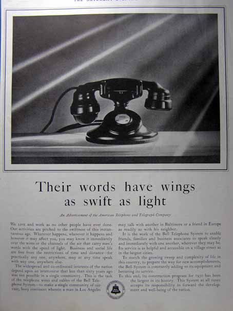 This is an original 1930 print ad for AT&T BAKELITE NO DIAL TELEPHONE 