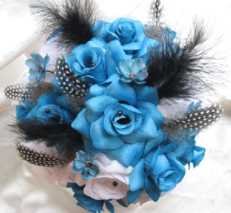 Wedding Bouquet Bridal Silk flowers TURQUOISE WHITE BLACK 17pc package 