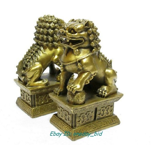 Medium Pair Chinese Bronze Foo Dogs Guardian Lions Statues Figures 6.2 