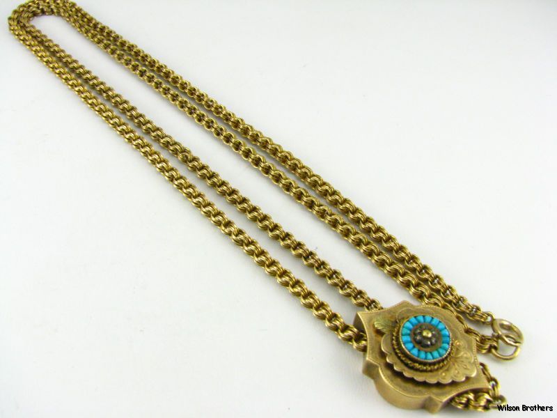 31 Victorian c1860 80s Turquoise Slide Necklace   14k Gold Handmade 