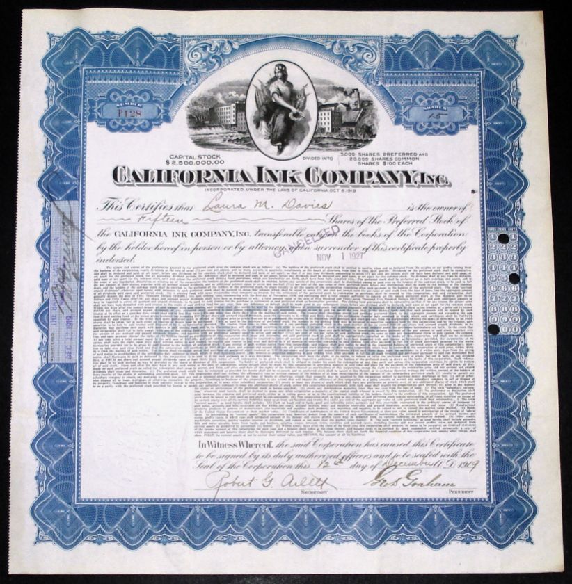 1919 California Ink Company Stock Certificate  