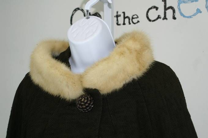 Vintage 50s Woven In Belgium Len Artel Brown Coat Fur Trim Swing 