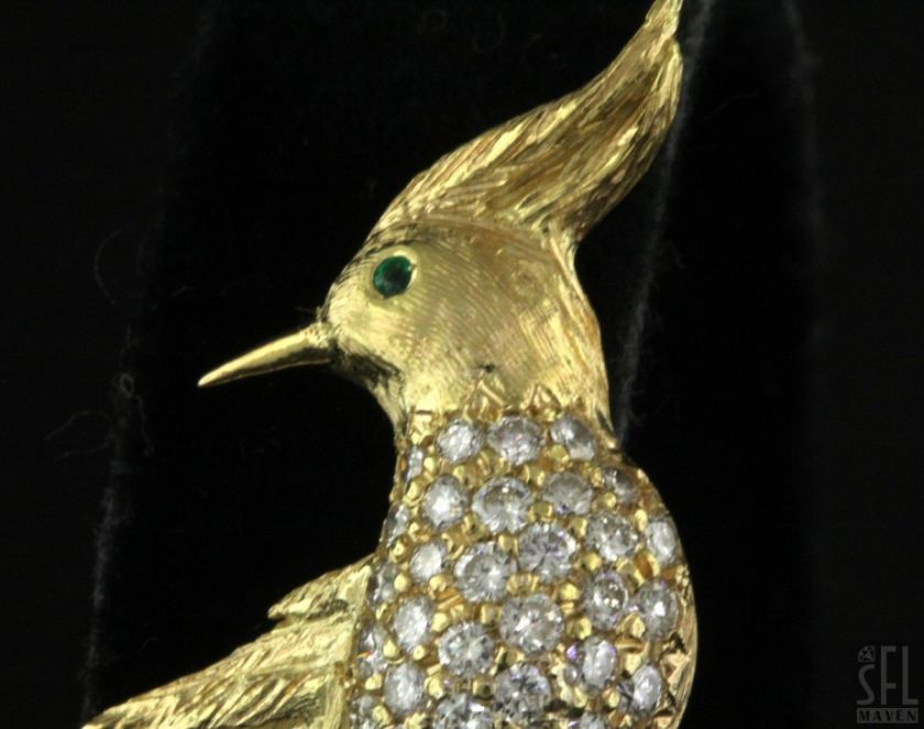 HEAVY 18K GOLD 1.40CT VS1/F DIAMOND/EMERALD PHEASANT BIRD BROOCH 