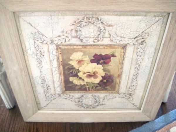 WHITEWASHED Framed w Glass PRINT of PANSIES & SCROLLS  