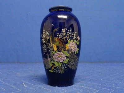 Japanese Kutani Style Peacock Cobalt Blue Collectible Vase K14  