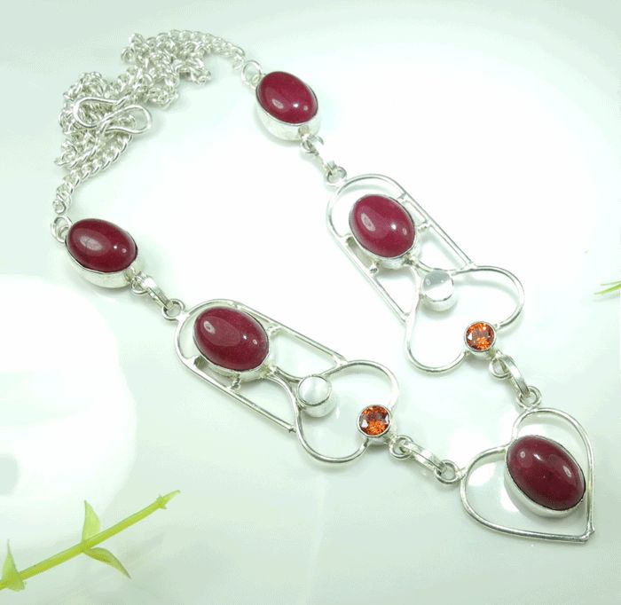 CHERRY RUBY+ORANGE TOPAZ+OPAL SILVER NECKLACE 20; A3146  