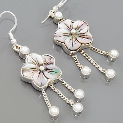 Shell Flower South Sea Pearl 925 Sterling Silver Dangle Earrings 