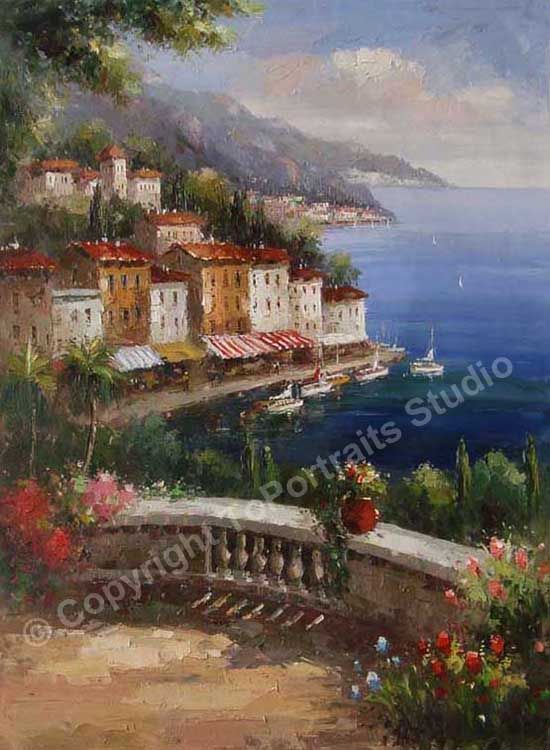 Mediterranean Balcony With Sea View   Art Oil Painting  