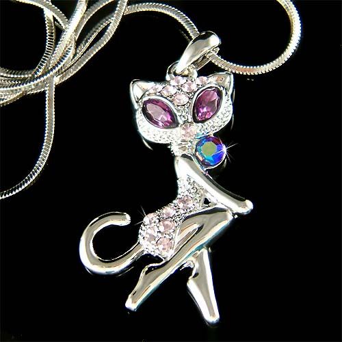 Purple w Swarovski Crystal Sexy Cute KITTY CAT Kitten Charm Pendant 