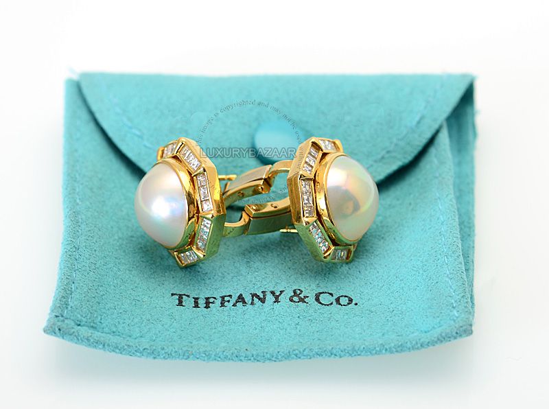 Tiffany & Co 18K Yellow Gold Diamond & Pearl Round Earrings  