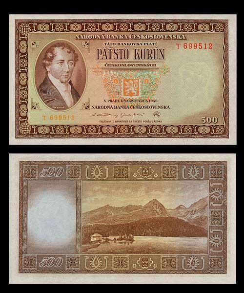 500 KORUN Note CZECHOSLOVAKIA   1946   Jan KOLLAR   AU+  