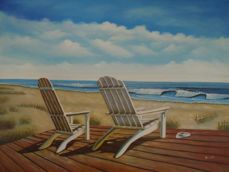 36x48 Oil Painting Art Beach Deck Chairs Tropical Dock  