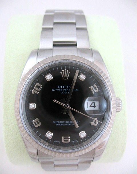 ROLEX SS & 18K DATE BLACK DIAMOND DIAL #115234  