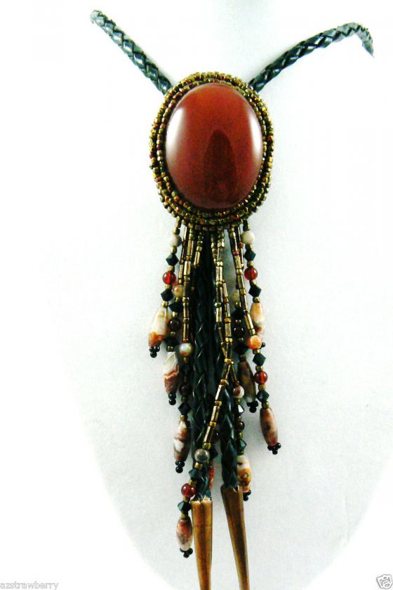   AGATE BOLO TIE BEADED CHARMS TASSELS LEATHER NECKLACE $0 SH  