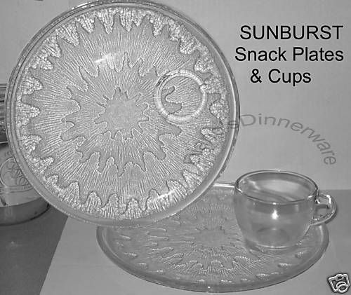 SUNBURST Indiana Glass Textured SNACK PLATES & CUPS .8  