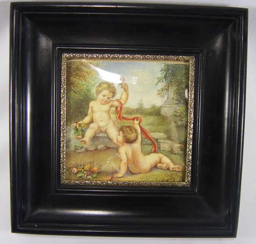   portrait painted Putti Cherubs oill canvas over Ox Bone genuine tested