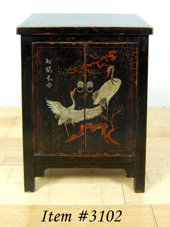 CRANE BIRD BLACK NIGHT STAND Side Cabinet Asian Chest  