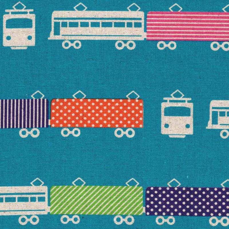 KOKKA ECHINO NICO TRAIN Blue by 1/2 yard  