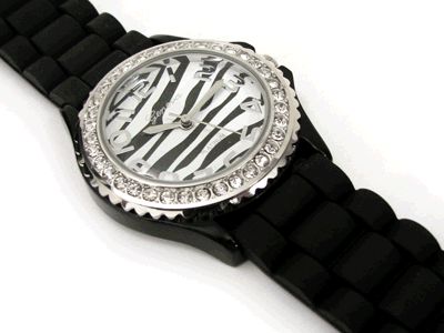 BLACK ZEBRA Silicone Gel Bnd Geneva Crystal Bezel WATCH  