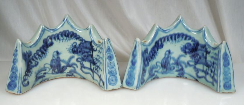 Antique Pair Chinese Blue & White Brush Rests & Holders  