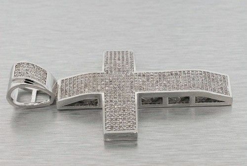 14K WHITE GOLD PLATED MICRO PAVE SIMULATED LAB DIAMOND CROSS CLASSIC 