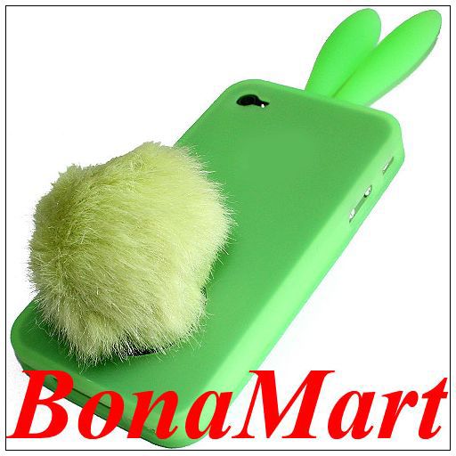   Cute Rabbit Bunny Ear Silicone Case Bushy Tail Holder fr iPhone 4S 4G