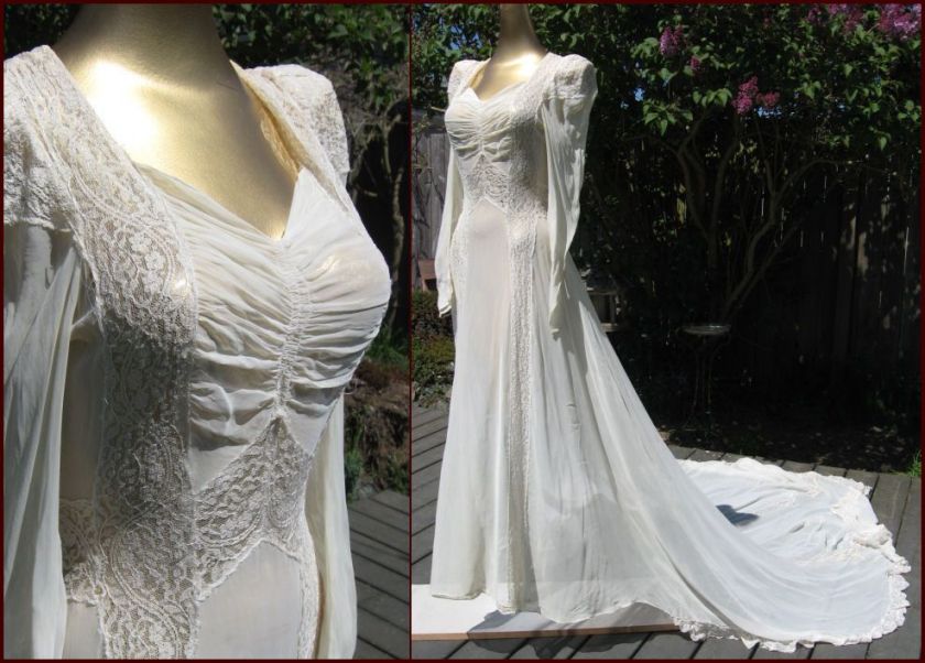   40s DIVINE SHEER W/ CHANTILLY LACE LONG TRAIN RUCHED WEDDING DRESS*S