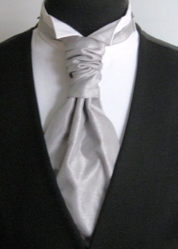 RUCHE TIE CRAVAT SILVER GREY SHANTUNG PRE TIED SCRUNCH FORMAL WEDDING 