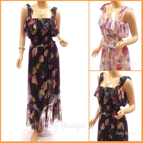 Colourful Floral Chiffon Ruffle Long Maxi Dress, S M  