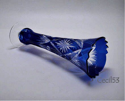 COBALT BLUE CUT TO CLEAR BOHEMIAN STYLE GLASS VASE SAWTOOTH  