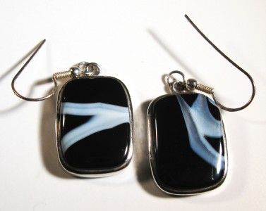 MEXICAN ONYX BANDED AGATE SS DANGLE EARRINGS 1 7/8  