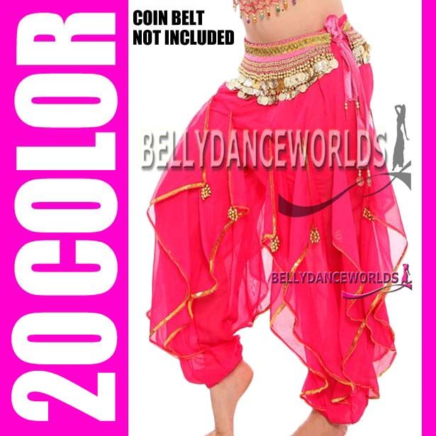 BELLY DANCE COSTUME HAREM GENIE PANTS GOLD/SILVER TRIM CHIFFON 