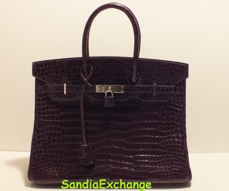 Authentic Hermes Shiny Crocodile Porosus Birkin 35 Cocoan Silver 