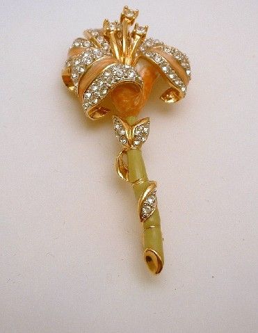 Vintage Nolan Miller Brooch Pin Lilly Enamel Rhinestone  