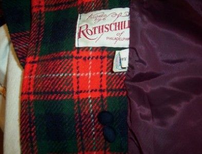 VTG ROTHSCHILD GIRLS PLAID HOLIDAY COAT W VELTET TRIM  