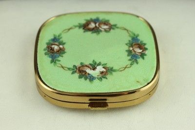   Green & Pink Rose Floral Enamel Guilloche EVANS Powder Compact  