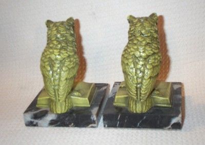   Deco J B Hirsch Bookends Chartreuse Owl Reading Book on Marble Base