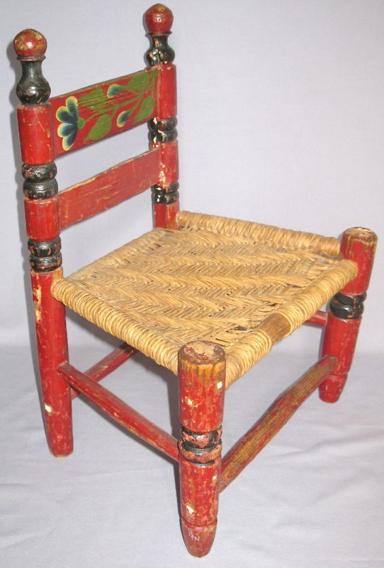 AMERICANA FOLK ART CHILDS CHAIR RUSH SEAT PAINTED DOLL  