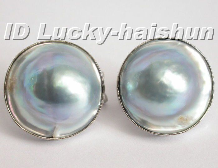   22mm natural Gray South Sea Mabe Pearls Earrings 925sc