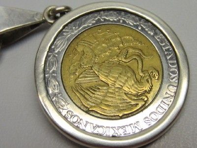 Solid Sterling Silver Mexico $2 Coin in Bezel Pendant Necklace  