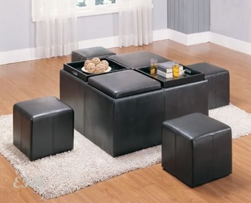 ESPRESSO BICAST LEATHER STORAGE OTTOMAN W/4 CUBE STOOLS  