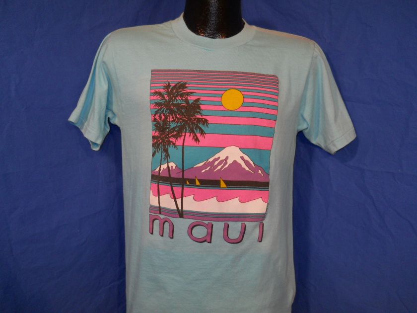 vintage 80S MAUI HAWAII SUNSET PALM TREE SAILBOAT POLY TEES TEAL t 