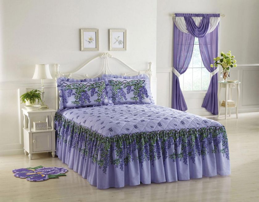 Purple Wisteria Pattern Floral Quilted Bedspread  