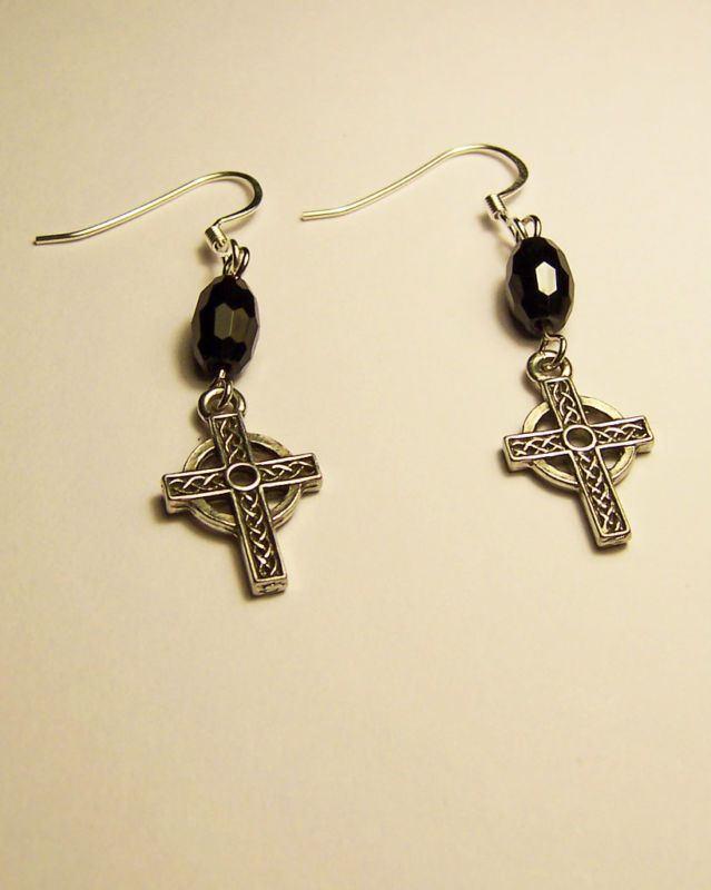 BLACK GLASS AND SILVER CELTIC CROSS EARRINGS  