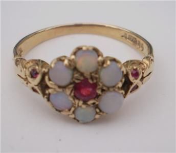 VINTAGE 9ct GOLD OPAL AND RUBY CLUSTER RING  